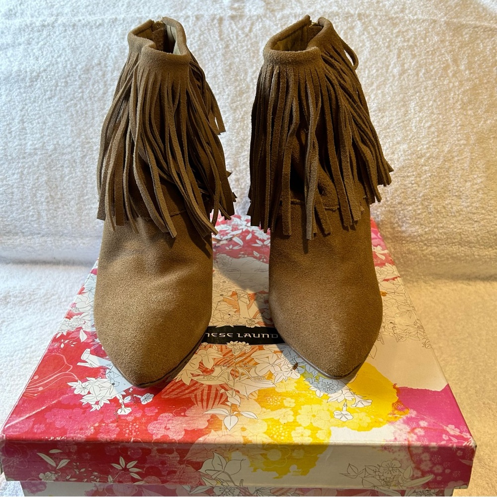 New Chinese Laundry “Artic” wedge ankle fringe bootie, camel suede, size 10